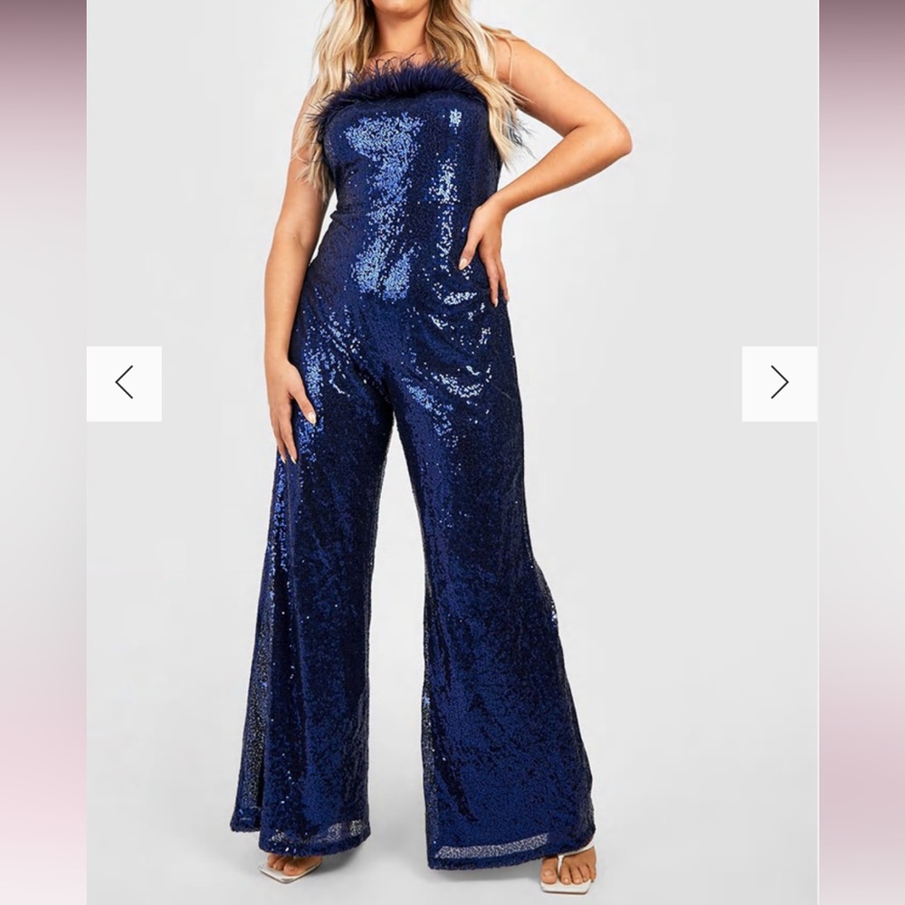 Navy Blue Sparkly Sequin and Feather Jumpsuit